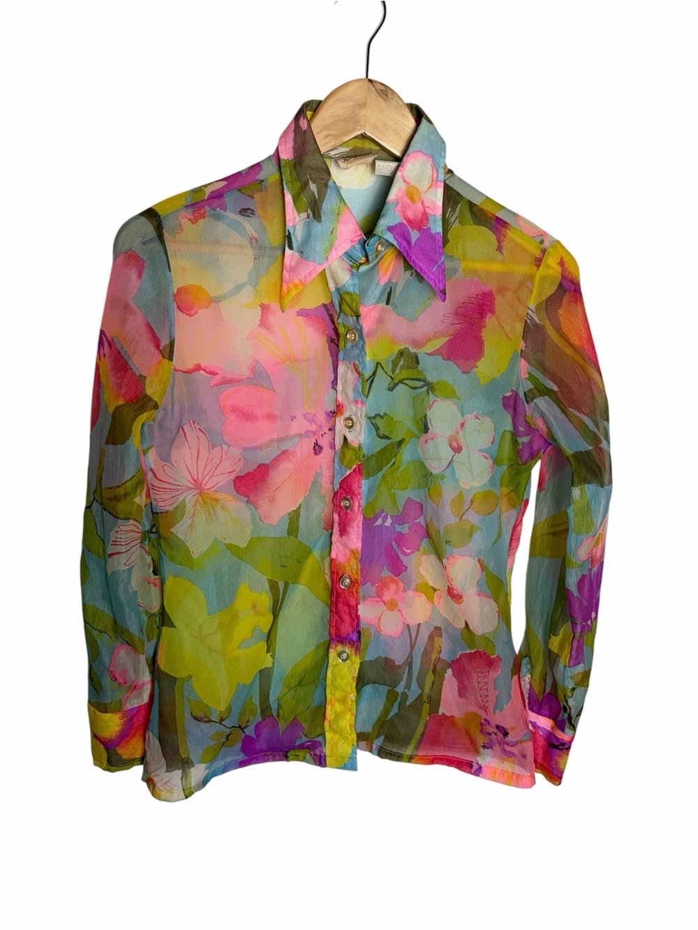 Vintage 60s/70s bright nylon watercolor pastel floral semi sheer button up blous